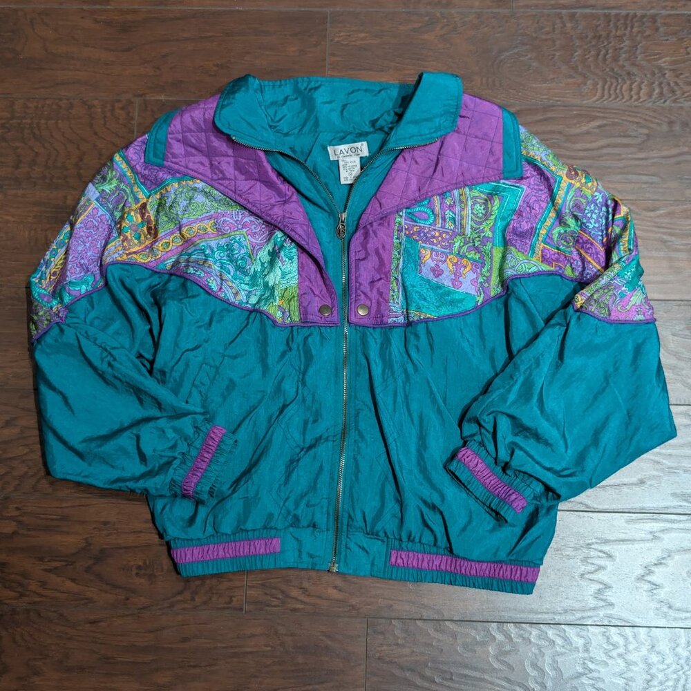 Vintage 1980s Teal & Purple Abstract Print Windbreaker Jacket
